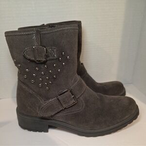 Vera Pelle Ankle Moto Boots Womens Size 8.5M Grey Leather Zip Buckle and Studs
